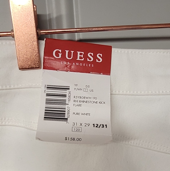 GUESS Los Angeles Rhinestone Kick Flare White Womens Jeans 12/31 Spandex High Ri - Picture 7 of 8